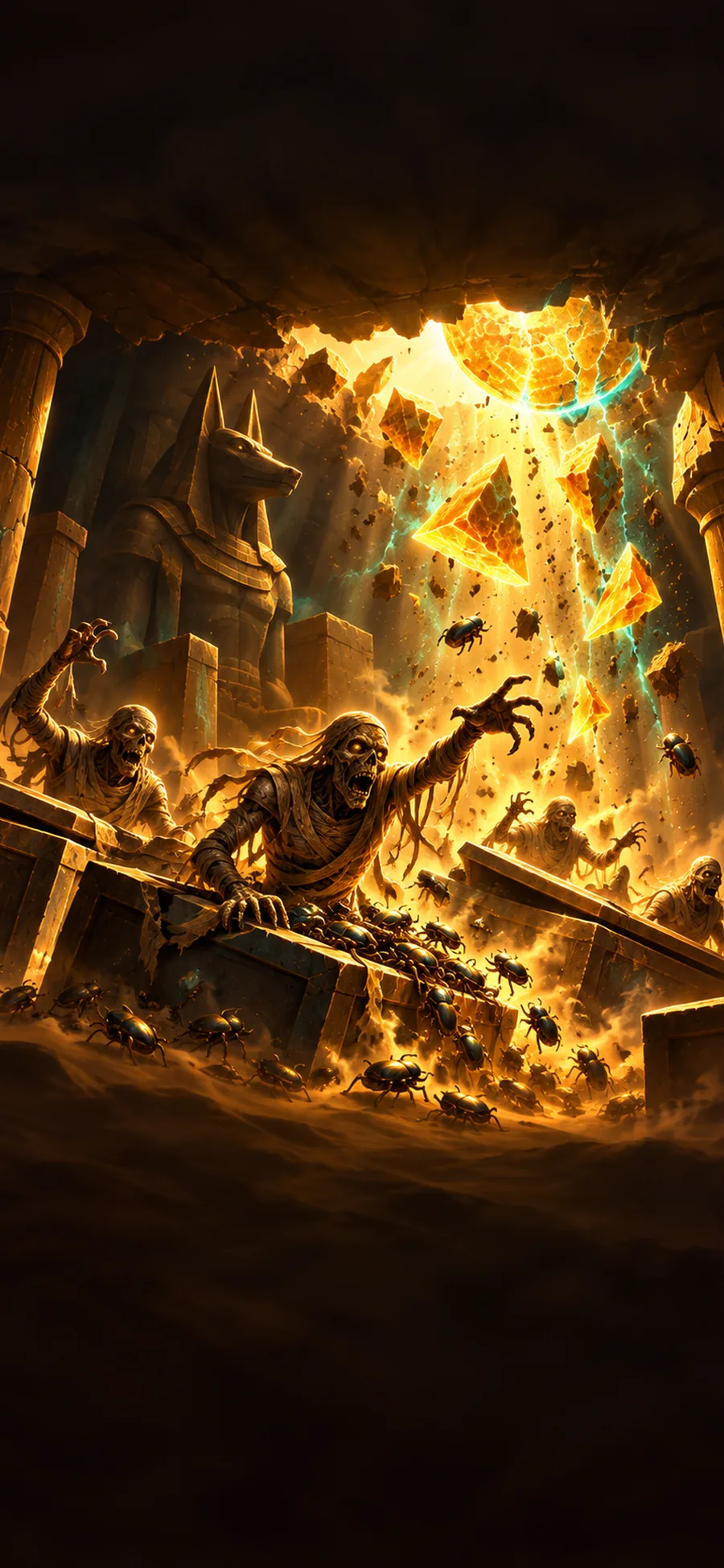 Mummies burst out of their sarcophagi